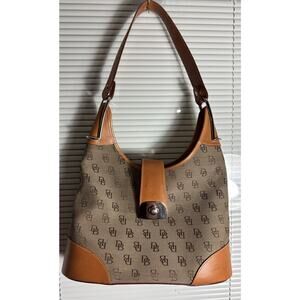 VINTAGE DOONEY & BOURKE SIGNATURE TAUPE CANVAS LEATHER SHOULDER HANDBAG USA MADE